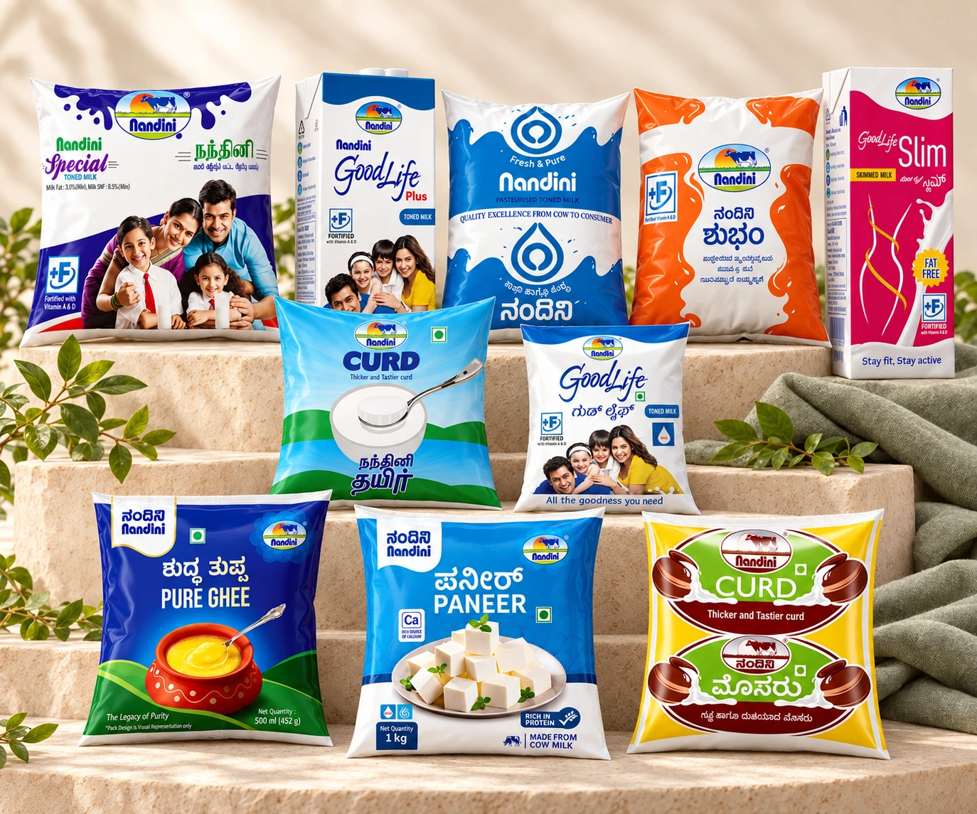 Ten Nandini packs including Special milk, Good Life Plus, Toned Milk, Shubham Milk, Good Life Slim, Good Life 180 ml, two curd varieties, ghee and paneer
